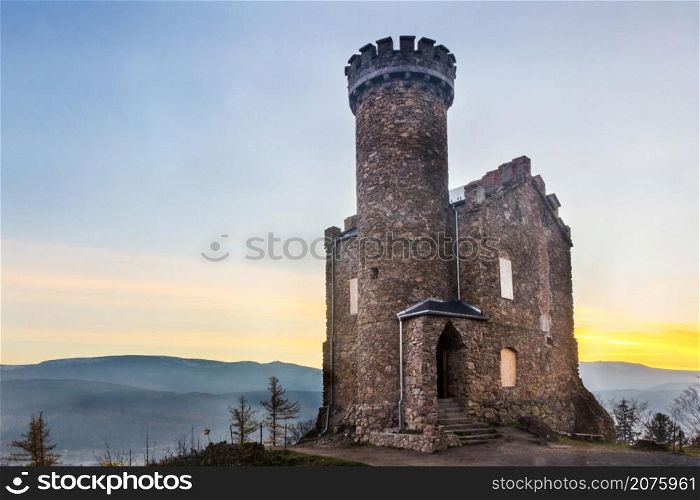Henry castle at mountain during sunset in Grodna, Poland