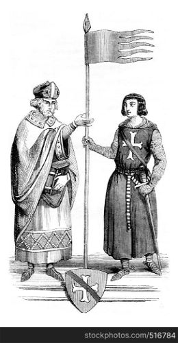 Henry of Metz receiving the oriflamme, vintage engraved illustration. Magasin Pittoresque 1844.
