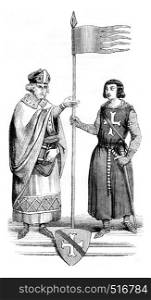 Henry of Metz receiving the oriflamme, vintage engraved illustration. Magasin Pittoresque 1844.