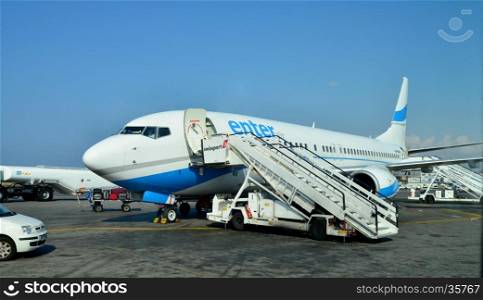 HERAKLION, GREECE - 08.10.2016: airport airplane prepare for boarding process