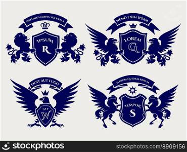 Heraldric royal crests logo set. Heraldry royal symbols with horses and lions and eagles. Crests logo vector design