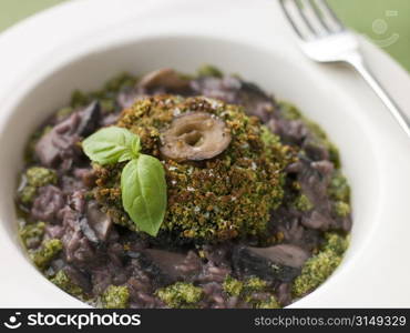 Herb Crusted Portabello Mushroom with Red Wine Risotto and Pesto Dressing