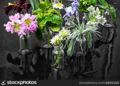 herb in bottle. Herbs and blossoms in small glass bottles on dark background