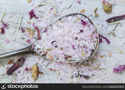 Herb salt on a spoon macro.. Herb salt on a spoon macro