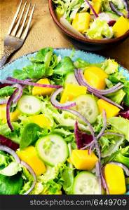 Herb spring salad. Healthy vegan salad of vegetables, herbs and mango.Healthy food