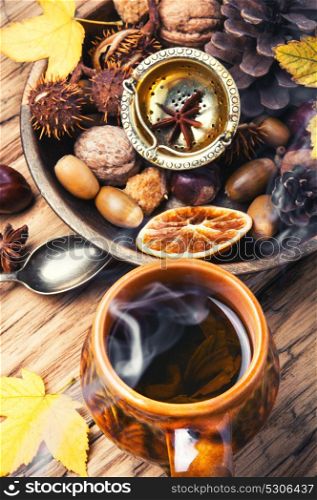 Herbal Autumn Tea. Cup with autumnal tea, on background of autumn foliage, cones and nuts