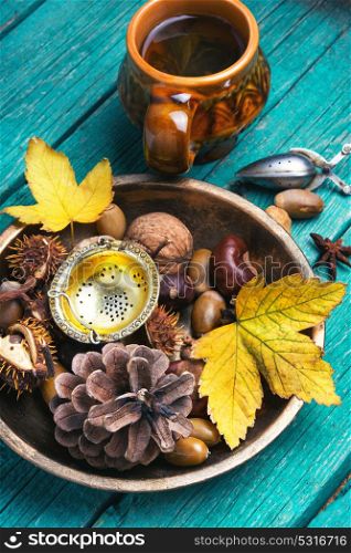 Herbal Autumn Tea. Cup with autumnal tea, on background of autumn foliage, cones and nuts