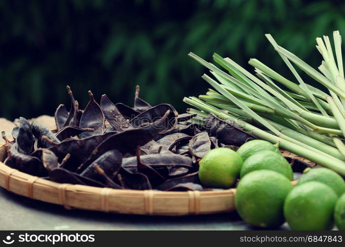 Herbal ingredient for hair care at home from soap berry, lemon, citronella plant, all materials boil with water to make nature shampoo