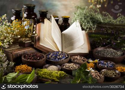 Herbal medicine and book on wooden table background. Natural medicine on wooden table background