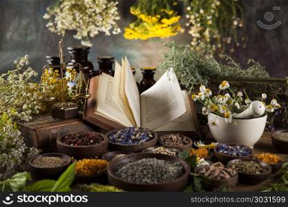 Herbal medicine and book on wooden table background. Natural medicine on wooden table background