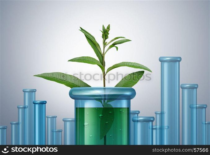 Herbal medicine and natural plant based medication concept as medicinal green leaves inside a laboratory test tube as a homeopathic pharmacy concept with 3D illustration elements.