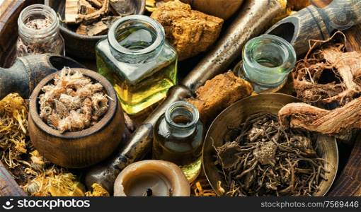 Herbal medicine,medicinal herbs and herbal medicinal root.Set healing herbs. Natural herbs medicine