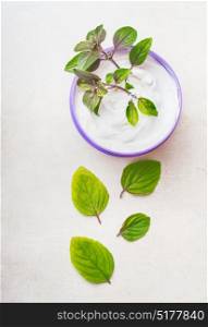 Herbal natural cosmetic cream for skin care with green leaves, top view
