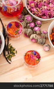 Herbal natural floral tea infusion with dry flowers ingredients