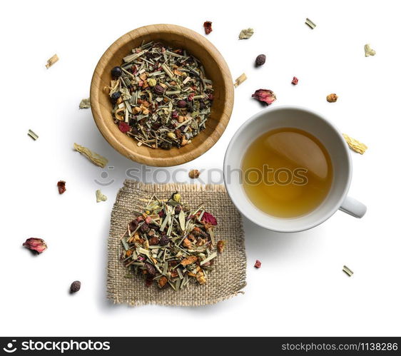 Herbal tea and Cup on white background. The view from the top.. Herbal tea and Cup on white background. The view from the top