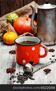herbal tea and harvest pumpkins