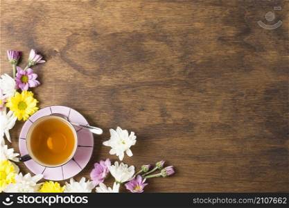 herbal tea cup beautiful blossoms corner wooden background
