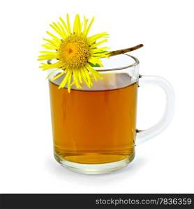 Herbal tea with elecampane in glass mug isolated on white background