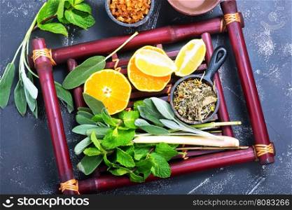 herbal tea with fresh mint on the bamboo tray