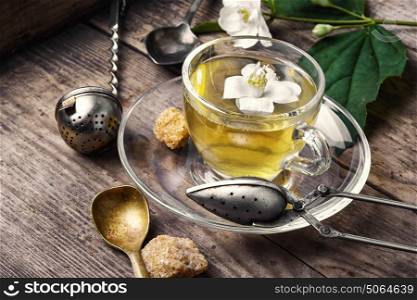 herbal tea with Jasmine flowers. glass of herbal tea with the aroma of Jasmine flower on wooden background