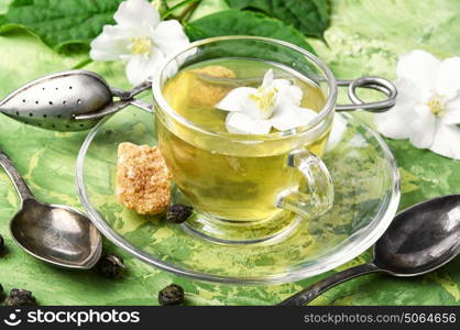 herbal tea with Jasmine flowers. glass of herbal tea with the aroma of Jasmine flower on green background