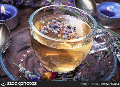 Herbal Tea with lavender. Fragrant herbal tea with flowering lavender sprigs