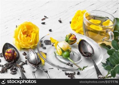 Herbal tea with yellow rose. flower herbal tea with petals yellow tea rose