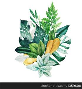 Herbal watercolor bouquet with ferns and monstera, hand drawn watercolor illustration