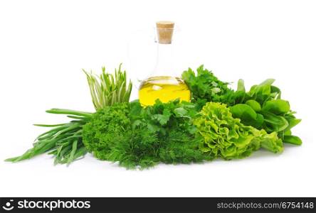 herbs and oil over white