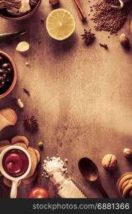 herbs and spices at stone table background