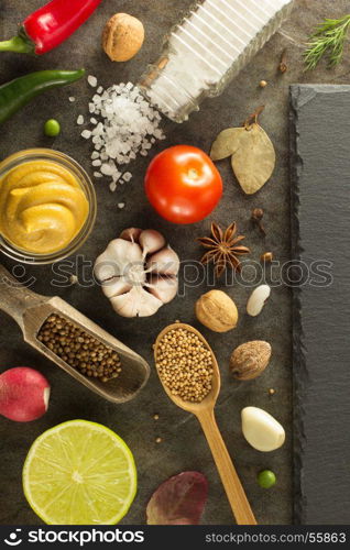 herbs and spices at table background