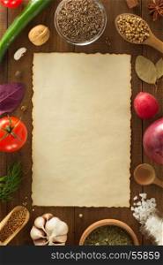 herbs and spices on wooden background