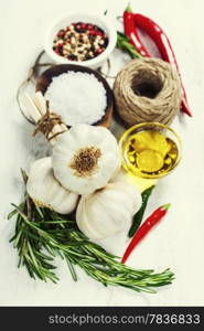 Herbs and spices on wooden board