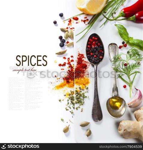 Herbs and spices selection, close up (with easy removable sample text)