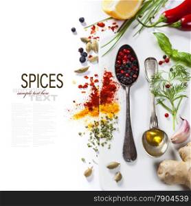 Herbs and spices selection, close up (with easy removable sample text)