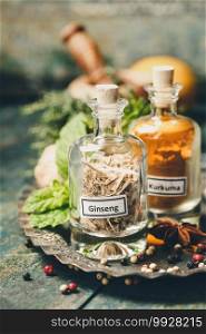 Herbs and spices selection on rustic background, Immune boosting natural vitamin health defending food and spices concept