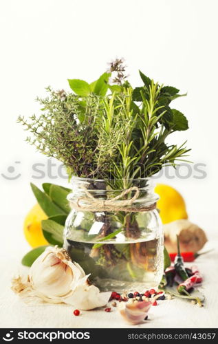 Herbs and spices selection on white background