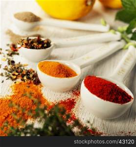Herbs and spices selectionon rustic background
