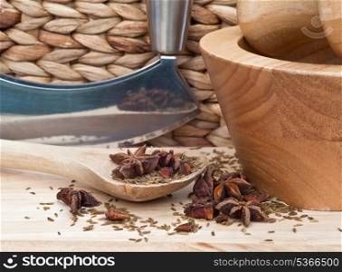 Herbs and wooden utensils in kitchen setting
