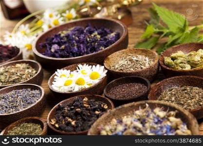 Herbs medicine and vintage wood