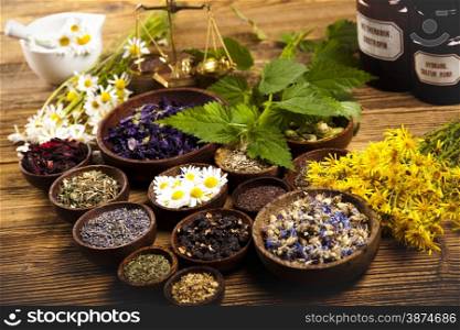 Herbs medicine and vintage wood