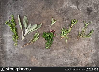 Herbs rosemary, sage, thyme, savory on rustic background