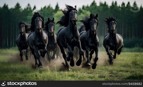 Herd of Friesian black horses galloping in the grass