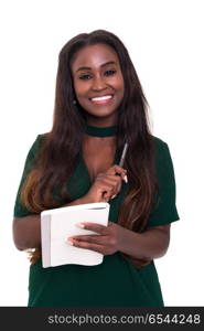 Here, let me write this.. African business woman taking some notes, isolated over a white background