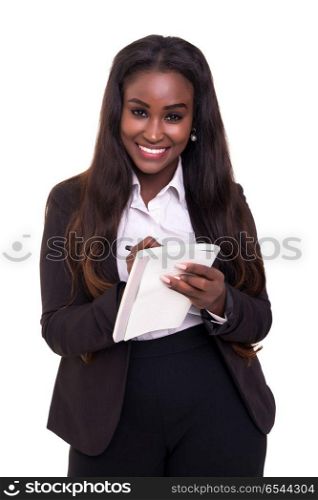 Here, let me write this.. African business woman taking some notes, isolated over a white background