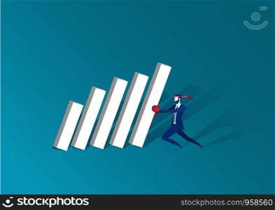 hero Businessman pushing bar chart for to target on blue background.vector illustrator.