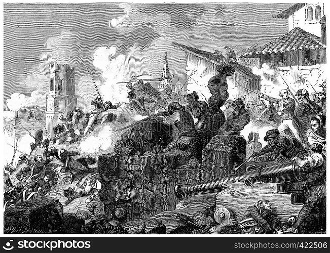 Heroic defense of Girona, vintage engraved illustration. History of France ? 1885.