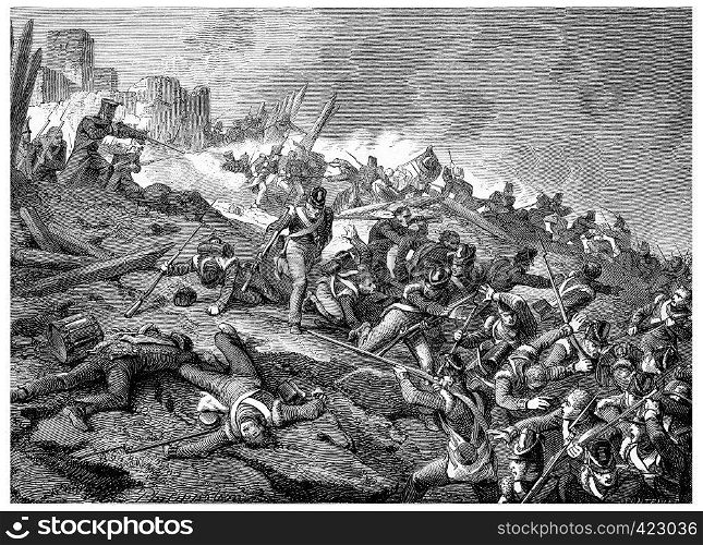 Heroic defense of the castle of Burgos, vintage engraved illustration. History of France ? 1885.