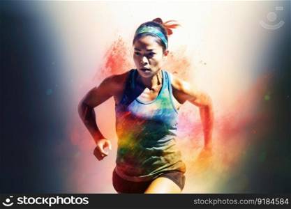 Heroic double exposure colorful photo of a well trained female Chinese runner speedy running. Generative AI AIG19.. Heroic double exposure colorful photo of a well trained female Chinese runner speedy running