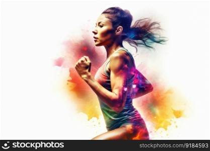 Heroic double exposure colorful photo of a well trained female Hispanic runner speedy running. Generative AI AIG19.. Heroic double exposure colorful photo of a well trained female Hispanic runner speedy running